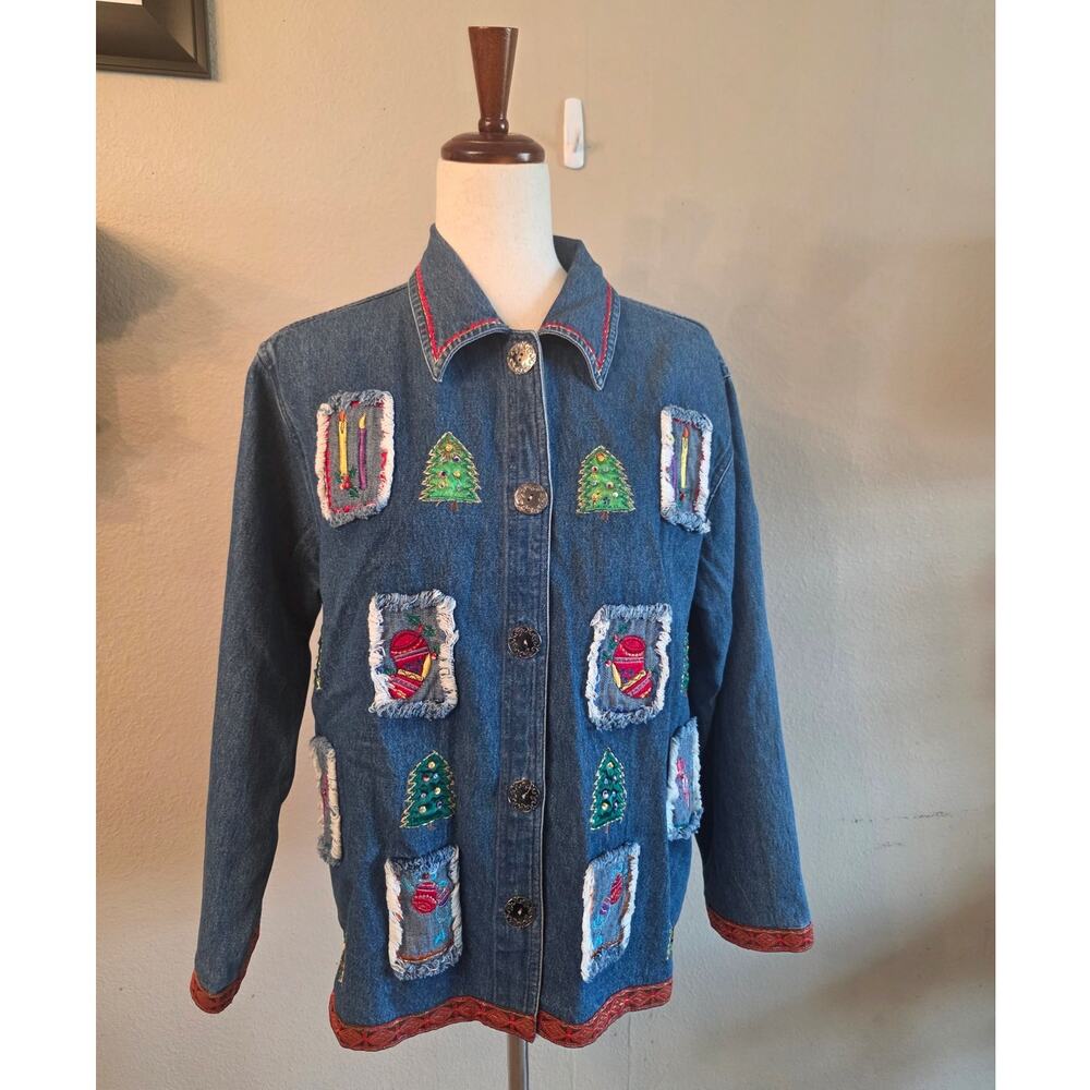 VTG Patchington Women's Denim Christmas Holiday Jean Jacket SZ Medium 90's